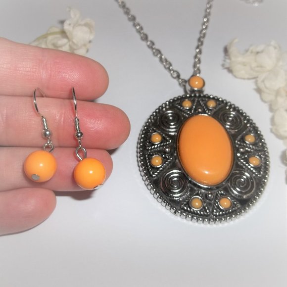 Jewelry Set Long Necklace & Earring Beaded Orange Silver Boho Style Woman A541 - Picture 6 of 6